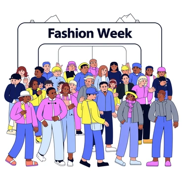 A bustling crowd of fashion enthusiasts standing outside a large Fashion Week venue. The crowd is composed of diverse individuals showcasing a variety of trendy outfits and accessories. Some people are wearing wide-brimmed hats, while others sport vibrant scarves and statement jewelry. There are clusters of attendees engaged in animated conversations. In the background, a large sign reading "Fashion Week" is prominently displayed above the entrance of the venue. The atmosphere is lively, with flashes from cameras capturing the stylish ensembles of the crowd.