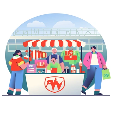 A merchandise stall is set up outside Old Trafford, showcasing a variety of team memorabilia. The stall is adorned with bright team colors, featuring flags, scarves, and jerseys hanging prominently. There are several fans browsing through items, some holding bags filled with purchases. A vendor with short dark hair is standing behind the stall, smiling and engaging with customers. The background features the iconic facade of Old Trafford, with a clear blue sky above and a few fluffy white clouds. A large team logo is displayed at the front of the stall, attracting the attention of passersby.
