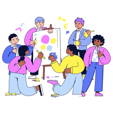 A group of students from diverse backgrounds is gathered around a large canvas on an easel. Each student is holding art supplies, such as paintbrushes, paint tubes, and markers. One student is applying bright colors to the canvas while another is sketching a design. The students are showing expressions of concentration and collaboration. In the background, there are colorful paint splatters and various art materials scattered around them.