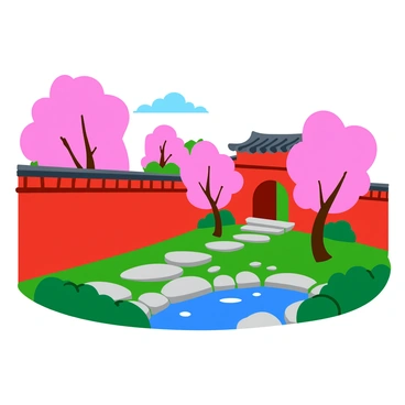 A tranquil garden scene featuring red walls that showcase the distinctive architecture of ancient Beijing. The walls are adorned with intricate patterns and symbols. In the foreground, delicate cherry blossoms are in full bloom, their soft pink petals contrasting beautifully against the vibrant red walls. A stone pathway winds through the garden, leading to a small pond that reflects the cherry blossoms. Lush greenery surrounds the area, adding to the peaceful atmosphere of the setting.
