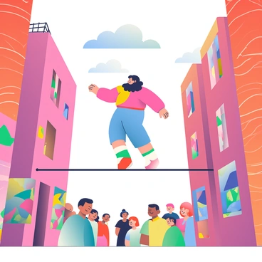 A funambulist skillfully walking on a tightrope stretched across a narrow urban alleyway