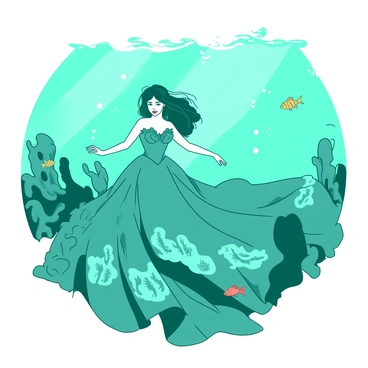 A teal underwater scene features a woman wearing a flowing, sea-inspired ball gown that resembles the colors and textures of ocean waves. The gown has intricate patterns that mimic coral and seaweed, and it gracefully trails behind her as she swims. Surrounding her are colorful fish and shimmering bubbles that float in the water. Soft rays of light break through the surface above, illuminating the enchanting scene and highlighting the details of her gown. The woman has long, flowing hair that also appears to float gently in the water, creating a sense of movement and harmony with the underwater environment.