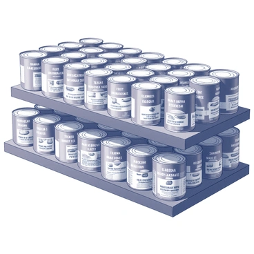 A grocery store shelf filled with rows of canned anchovies. Each can features distinct labels, showcasing a variety of brands and designs. The shelf is organized, with cans neatly stacked in lines, some facing forward to display their branding. The anchovies are arranged in different sizes of cans, from small tins to larger containers. The background suggests a typical grocery store setting, with the shelf made of simple wood or metal, and adjacent shelves visible.