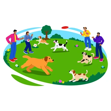 A lively dog park scene with various breeds of dogs playing together.