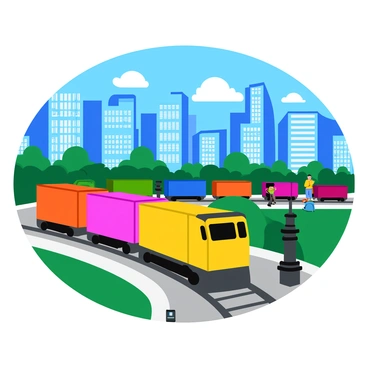 A cargo train winding through a bustling cityscape with skyscrapers in the background