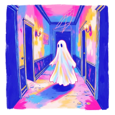 A pale ghost is floating through an abandoned, dark hallway. The ghost has elongated features and a wispy, translucent body that shimmers slightly. The hallway is lined with peeling wallpaper and cobwebs hanging from the ceiling. Flickering candlelight from scattered wall sconces casts eerie shadows on the walls. The floor is covered in dust, with a few broken floorboards visible. In the distance, a doorway leads to an unknown area, partially obscured by shadows.