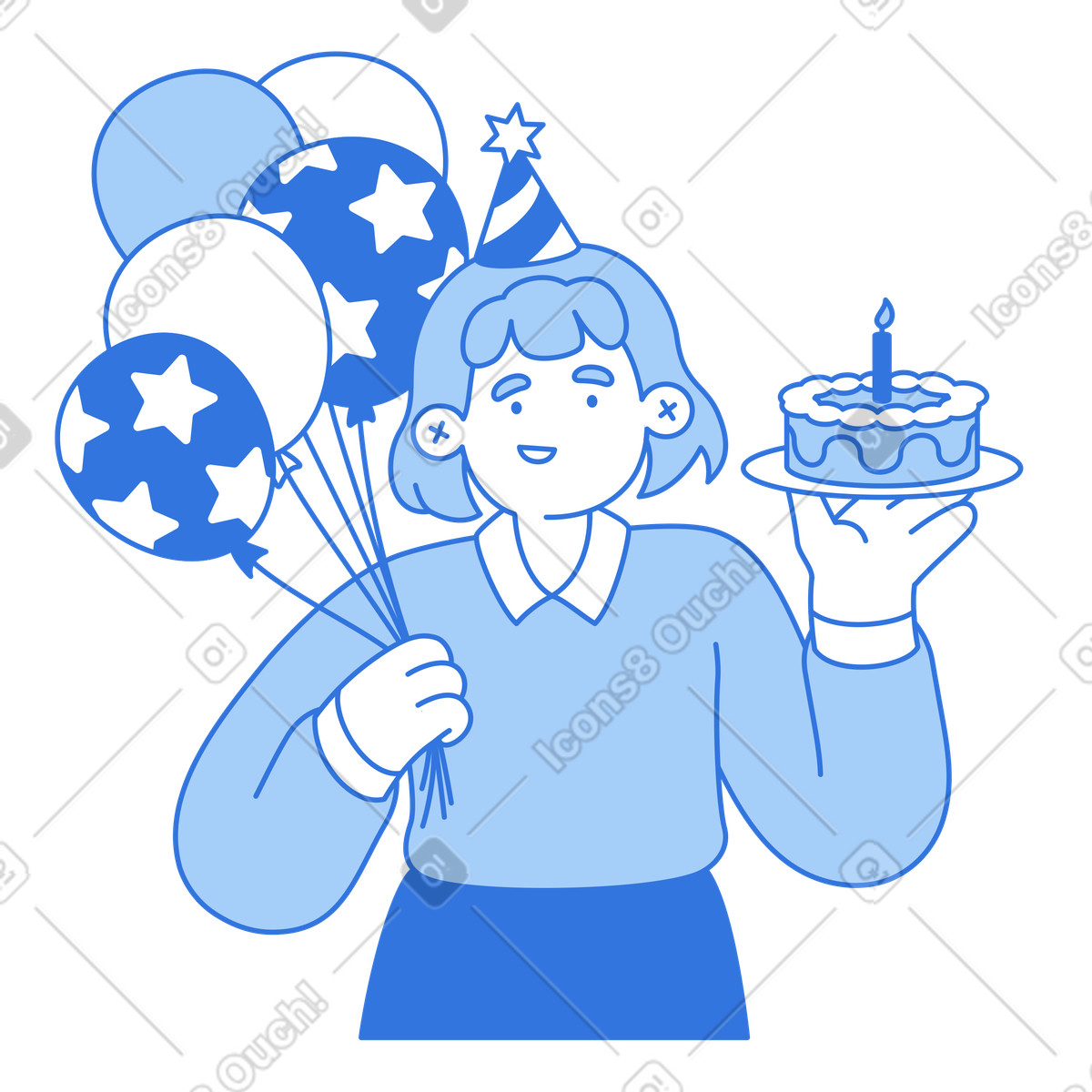 Celebrating with cake and balloons, happy birthday party illustration in Sky style download in PNG, SVG