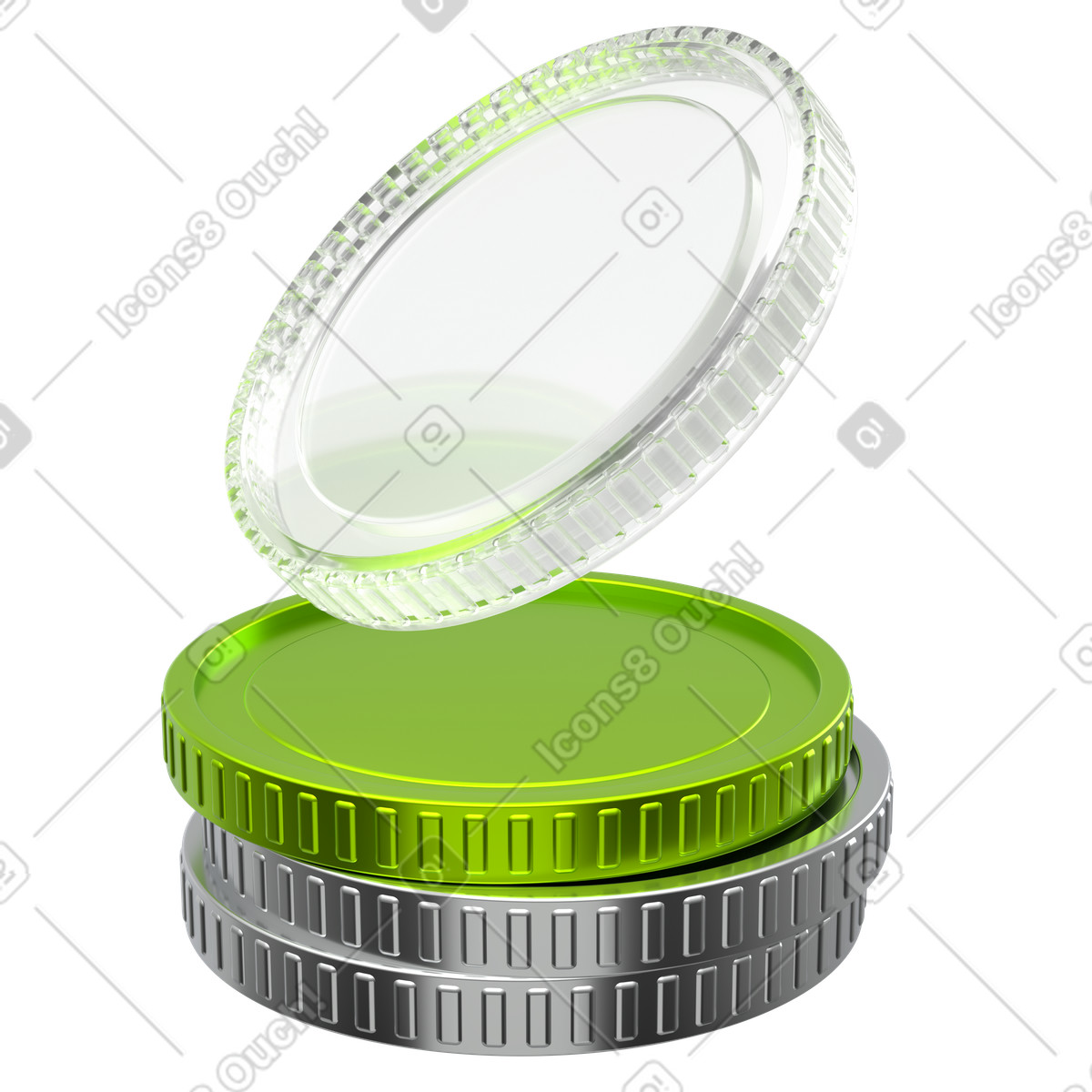 Digital money exchange with green and glass token coins illustration in 3D Enterprise style download in PNG, SVG