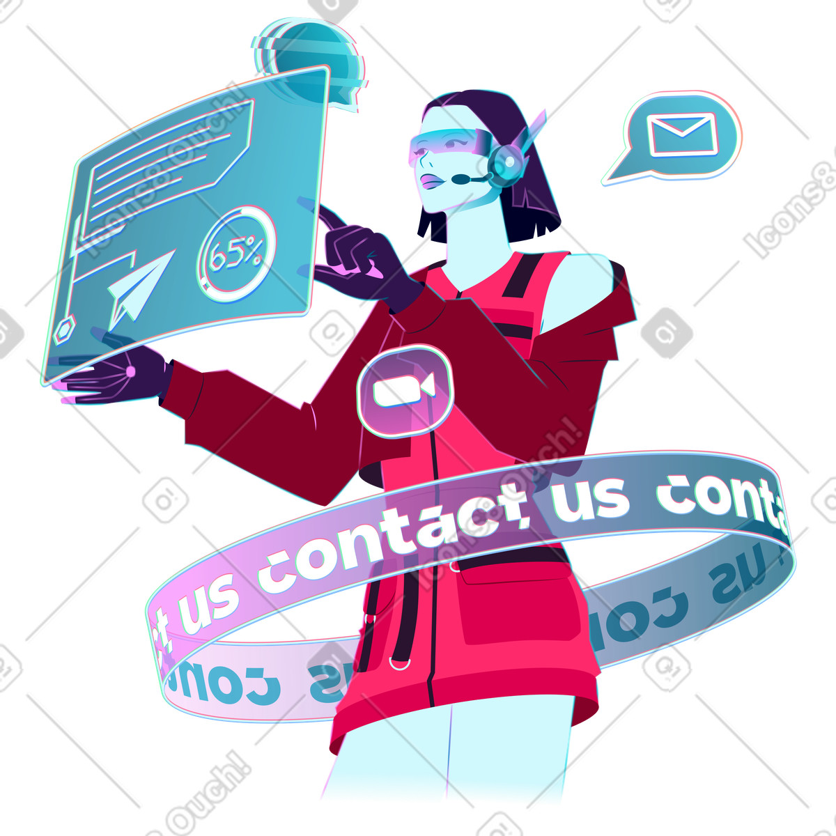 Tech support representative working with floating dashboard, Customer service and communication illustration in PNG, SVG