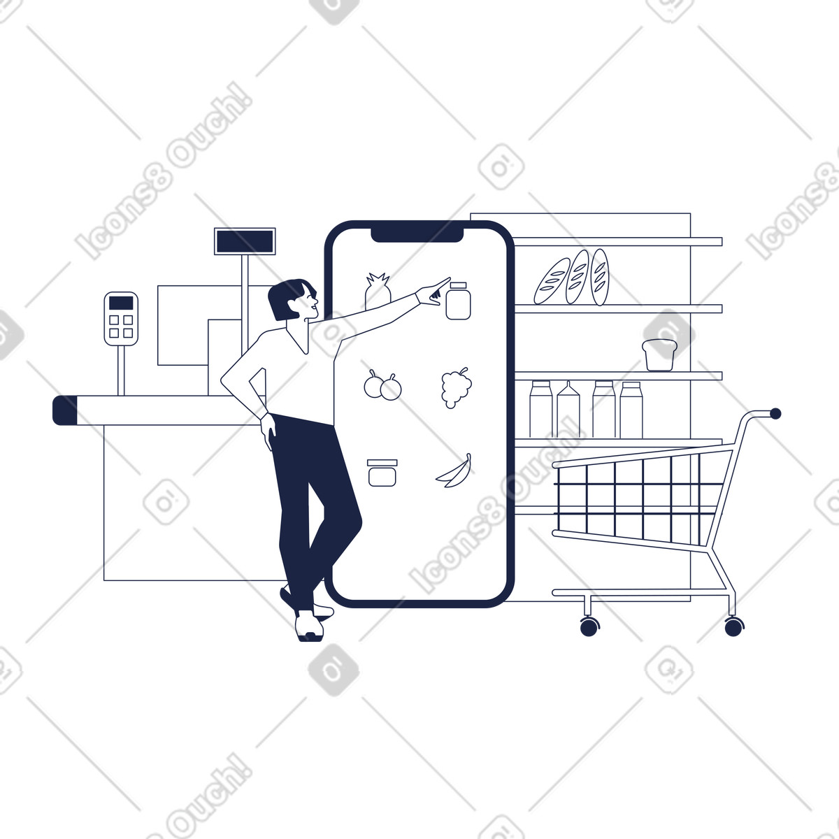 下载 Urban Line 风格的 Customer selecting items in virtual supermarket, Mobile grocery shopping 插画，支持 PNG、SVG 格式