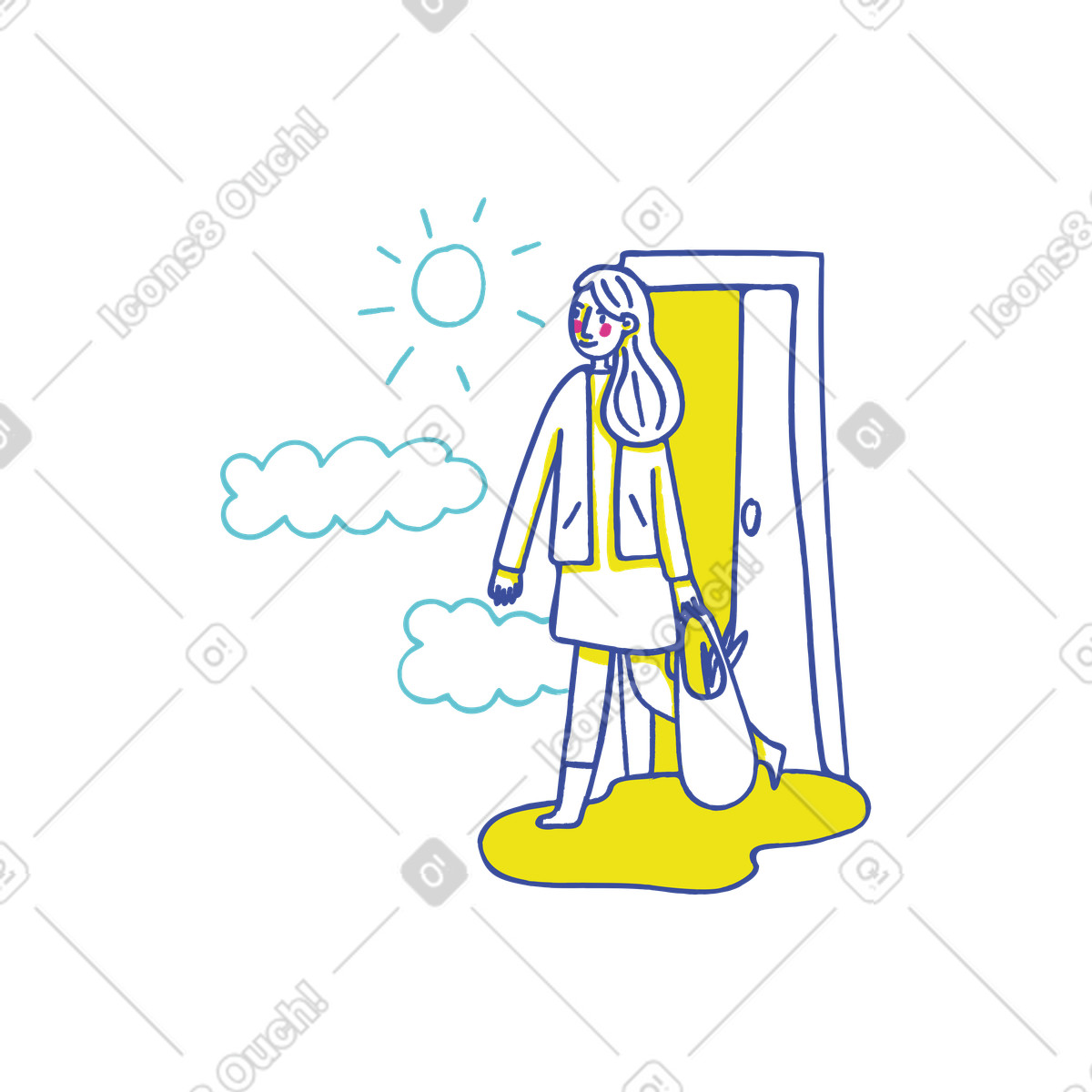 Businesswoman leaving house and going outside, Logged out or user exit concept illustrazione in stile Lime scarica in PNG, SVG