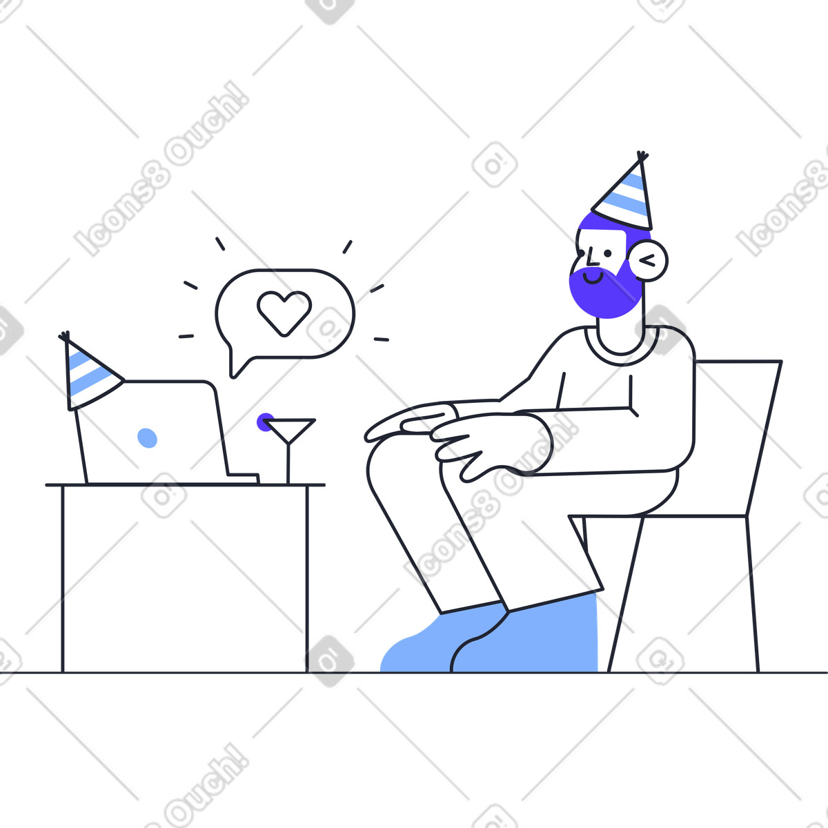 Ilustración Hombre celebrando su cumpleaños en una videollamada estilo Pablita a descargar PNG y SVG