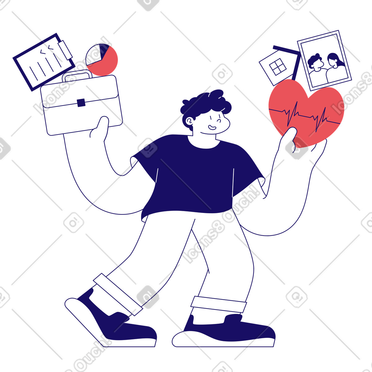 Mann versucht, eine work-life-balance aufrechtzuerhalten-Illustration im Bendy-Stil als Download in PNG, SVG