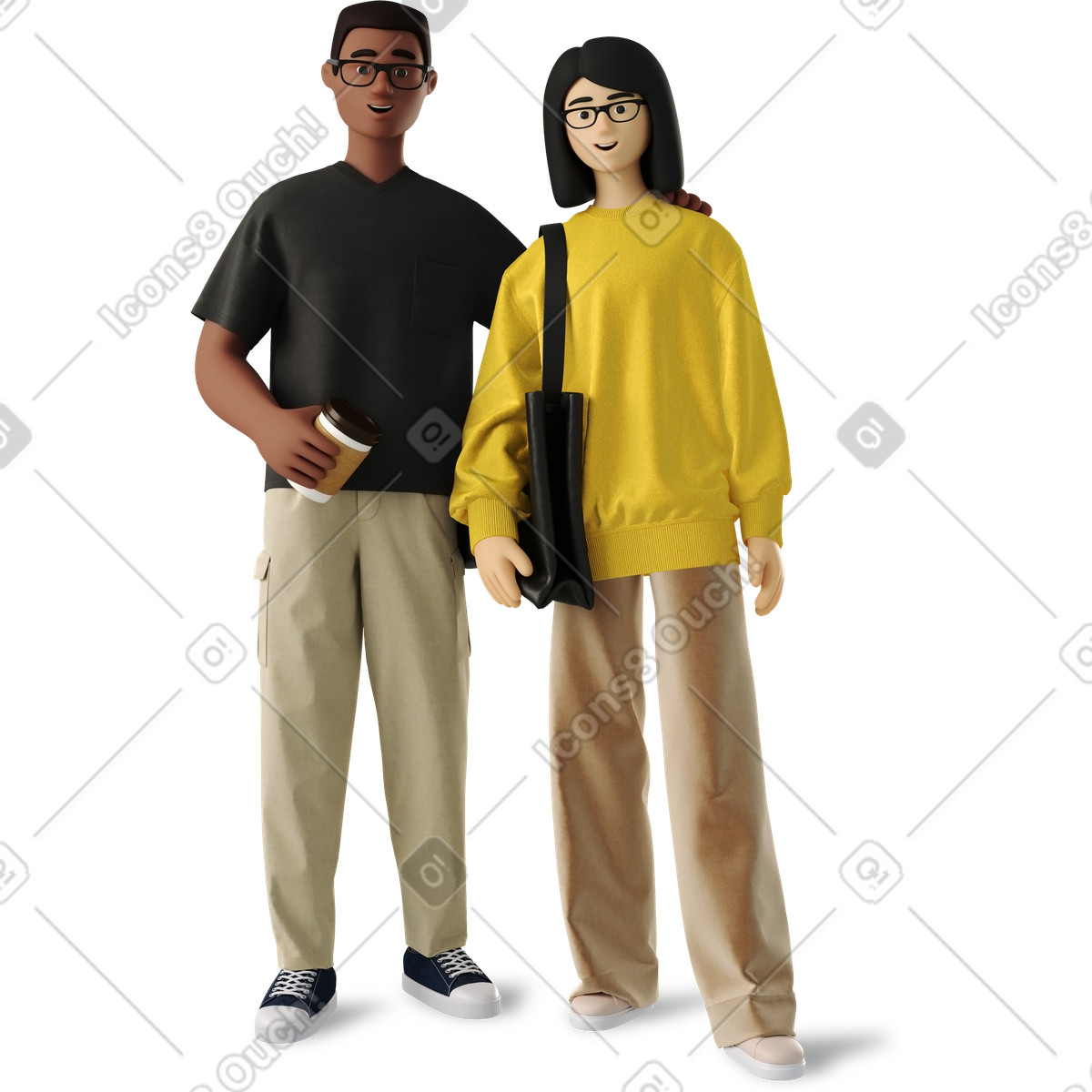 戴眼镜和休闲服站着的夫妇插图，PNG、SVG格式