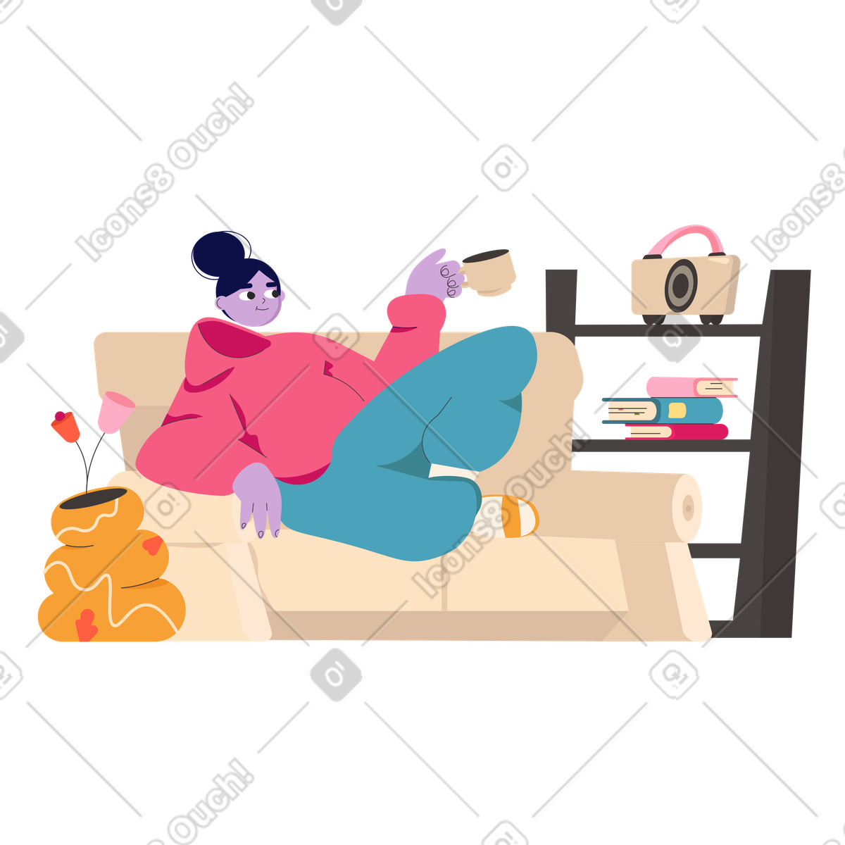 Donna che si rilassa con un caffè sul divano illustrazione in stile Dizzy scarica in PNG, SVG
