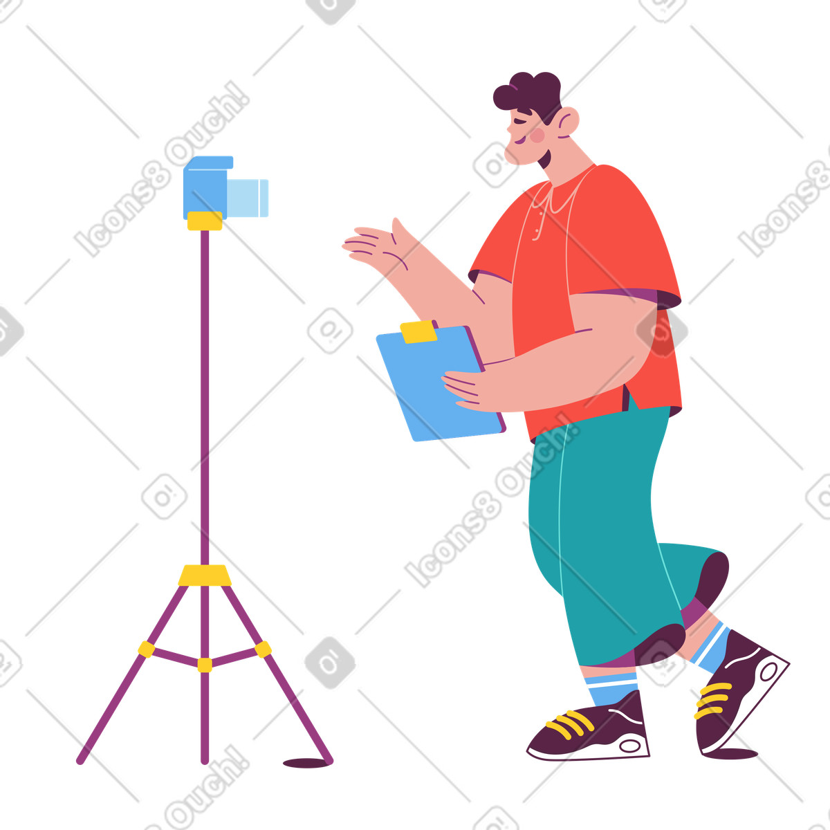 Sammy スタイルの Vlogger filming with camera on tripod, Vlogging or content creation のイラストをPNG、SVG形式でダウンロード