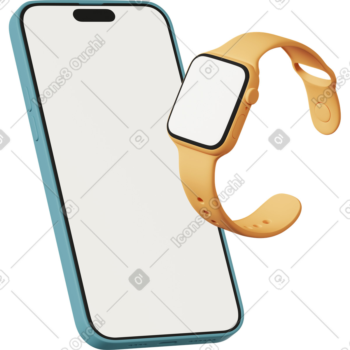 3D Casual life スタイルの Blank phone screen with smart watch, wearable tech and mobile sync のイラストをPNG、SVG形式でダウンロード