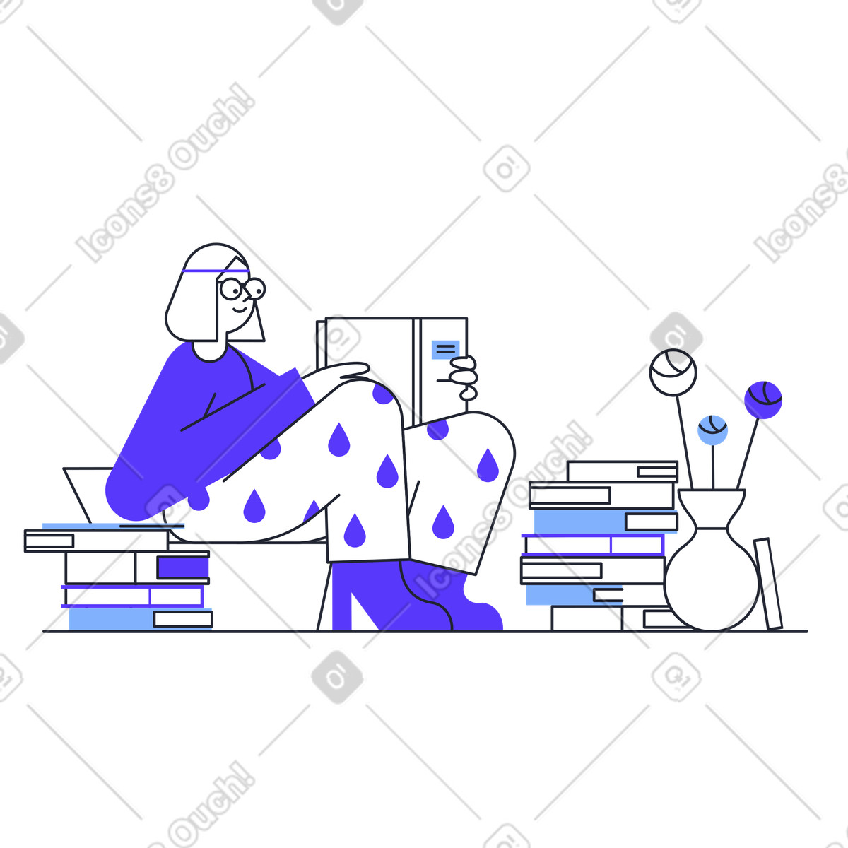 Анимированная иллюстрация Reader surrounded by books and vase, Peaceful home reading environment в GIF, Lottie (JSON), AE