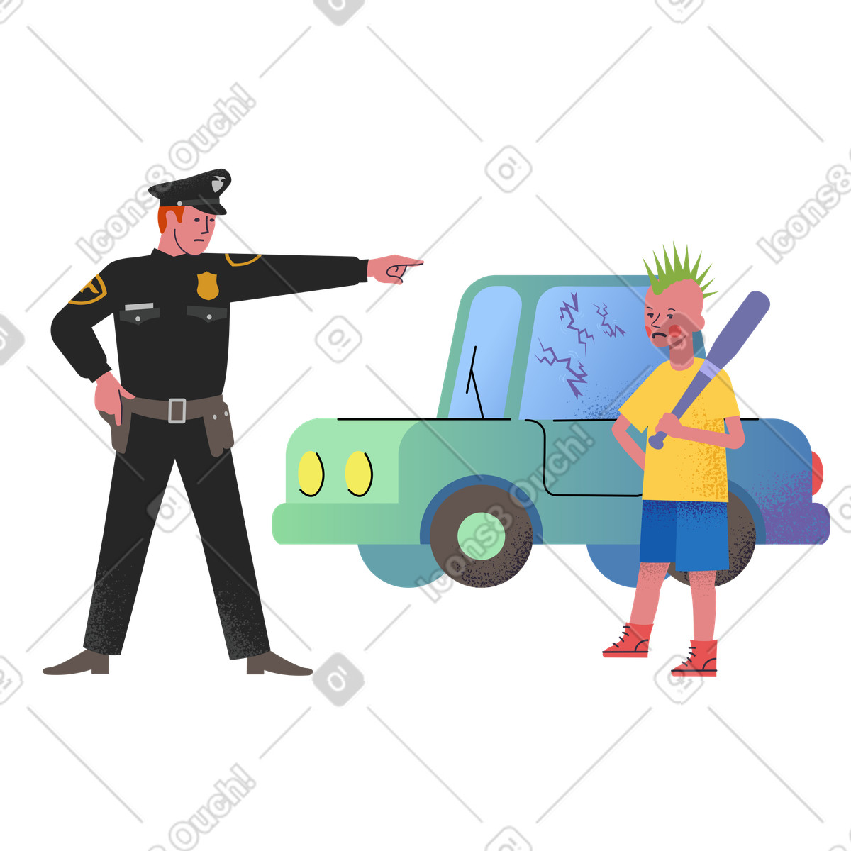 Policeman scolding boy with bat for vandalism illustration in Pale style download in PNG, SVG
