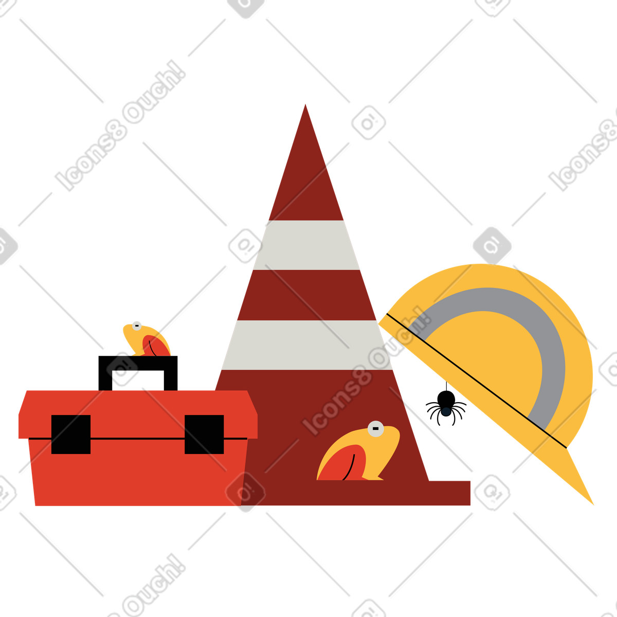 Ilustración Safety helmet, traffic cone and toolbox, Website maintenance or service downtime en estilo Burgundy a descargar en PNG y SVG