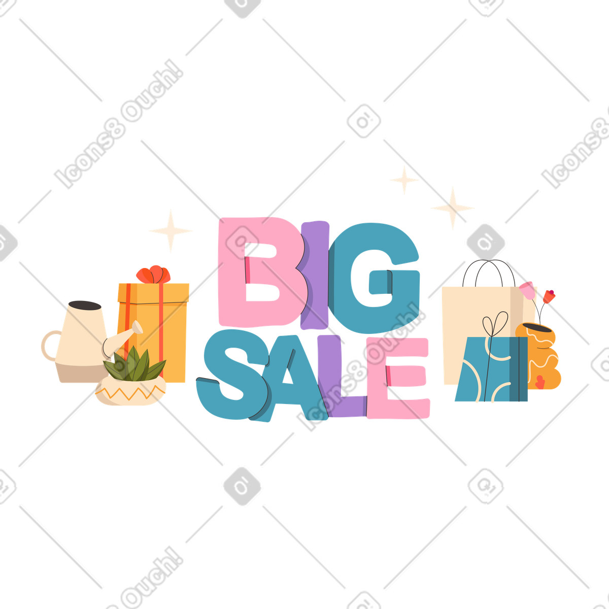 Lettering testo grande vendita con acquisti illustrazione in stile Dizzy scarica in PNG, SVG