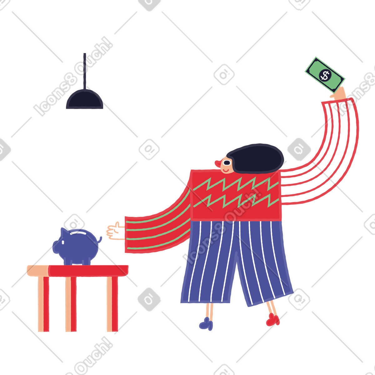 Putting money in a piggy bank to save illustration Stripy style download PNG, SVG