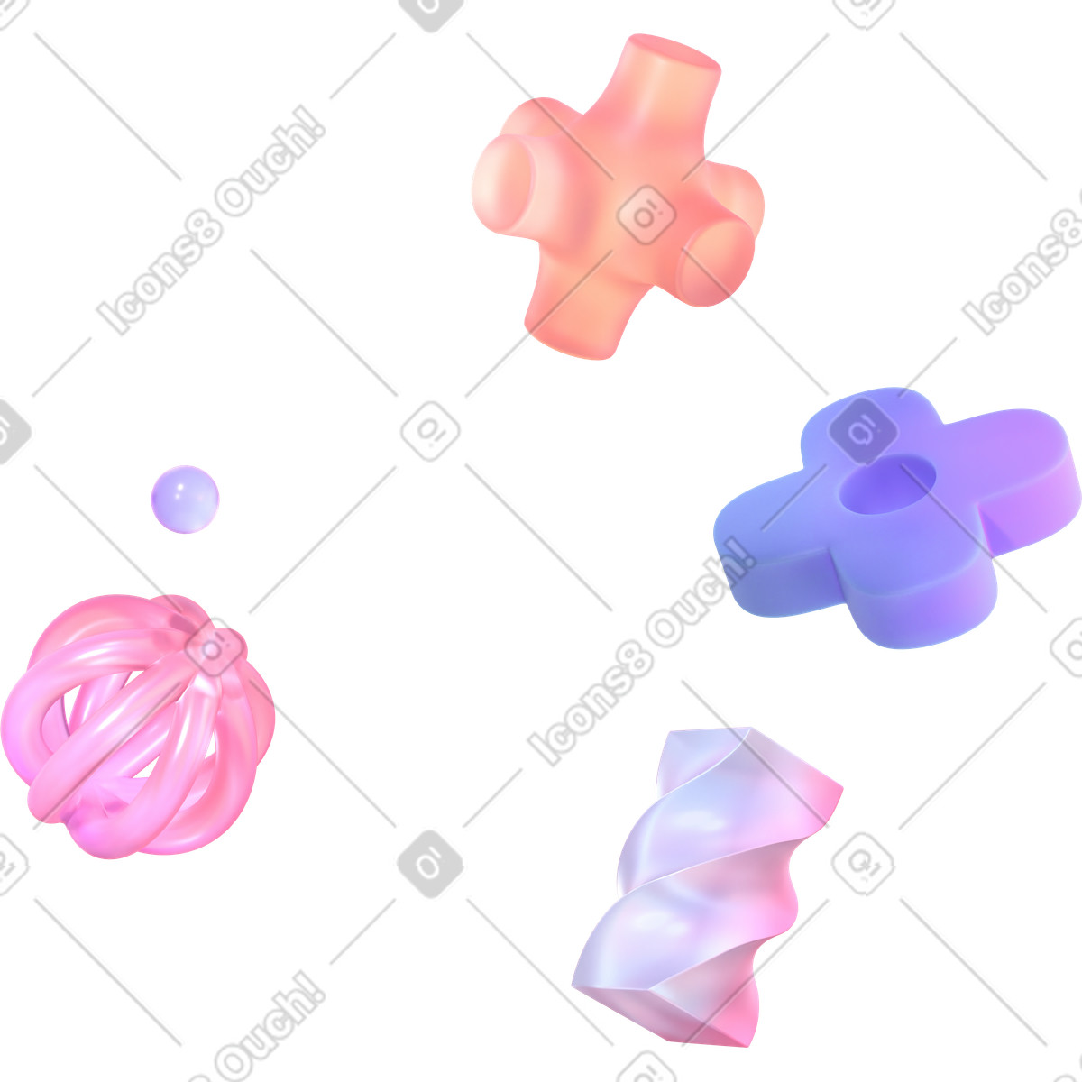 Composition of different transparent gradient shapes animated illustration in 3D Glassy style download in GIF, Lottie (JSON), AE