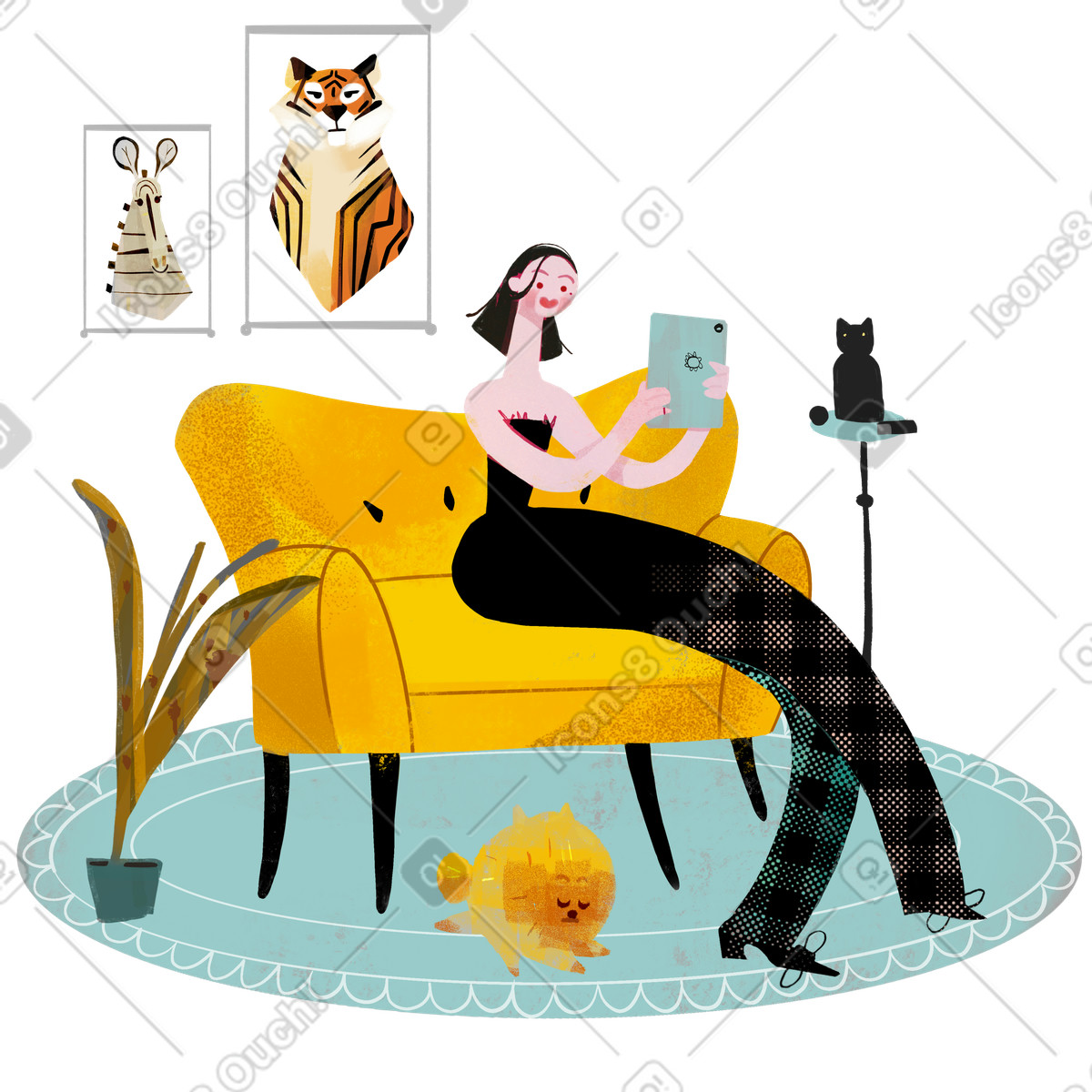 Donna in vita seduta sul divano illustrazione stile Fabulous scarica PNG, SVG