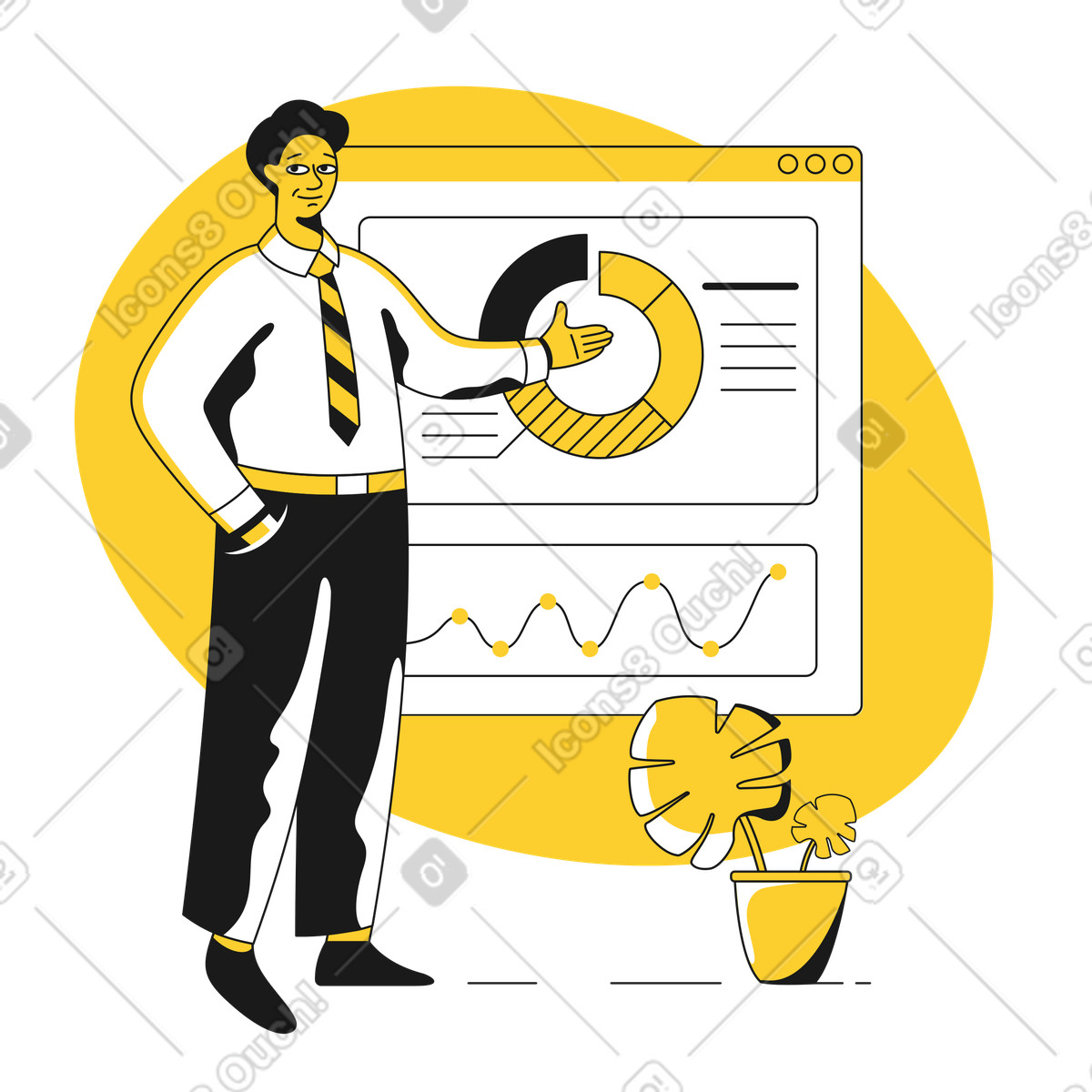 Man with graphs and analytics illustration in Taxi style download in PNG, SVG