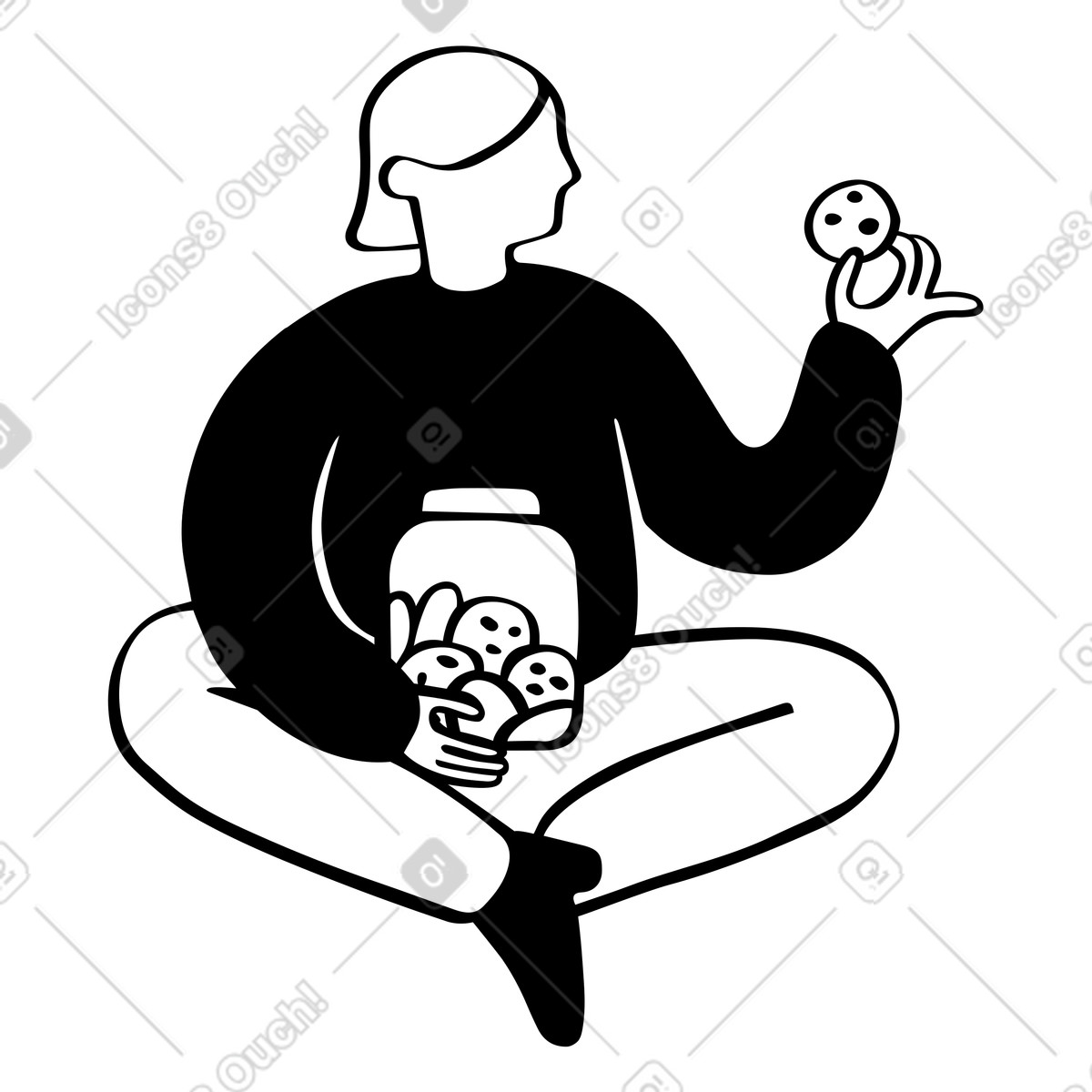 Woman sitting with cookie jar and holding cookie in hand animated illustration in Journal style download in GIF, Lottie (JSON), AE