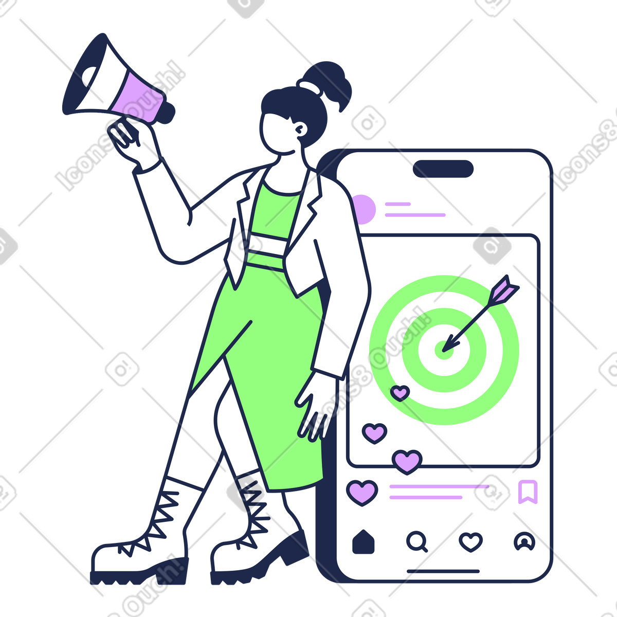 Social media marketing strategy, Influencer engagement and outreach illustration in Outline style download in PNG, SVG