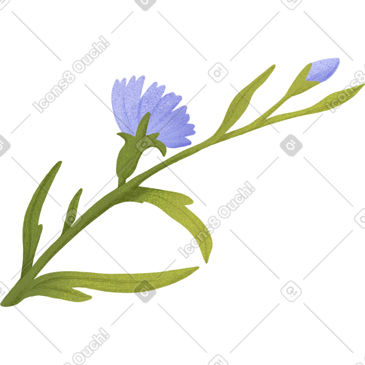 Green curved twig with leaves and blue flowers illustration in Floral style download in PNG, SVG