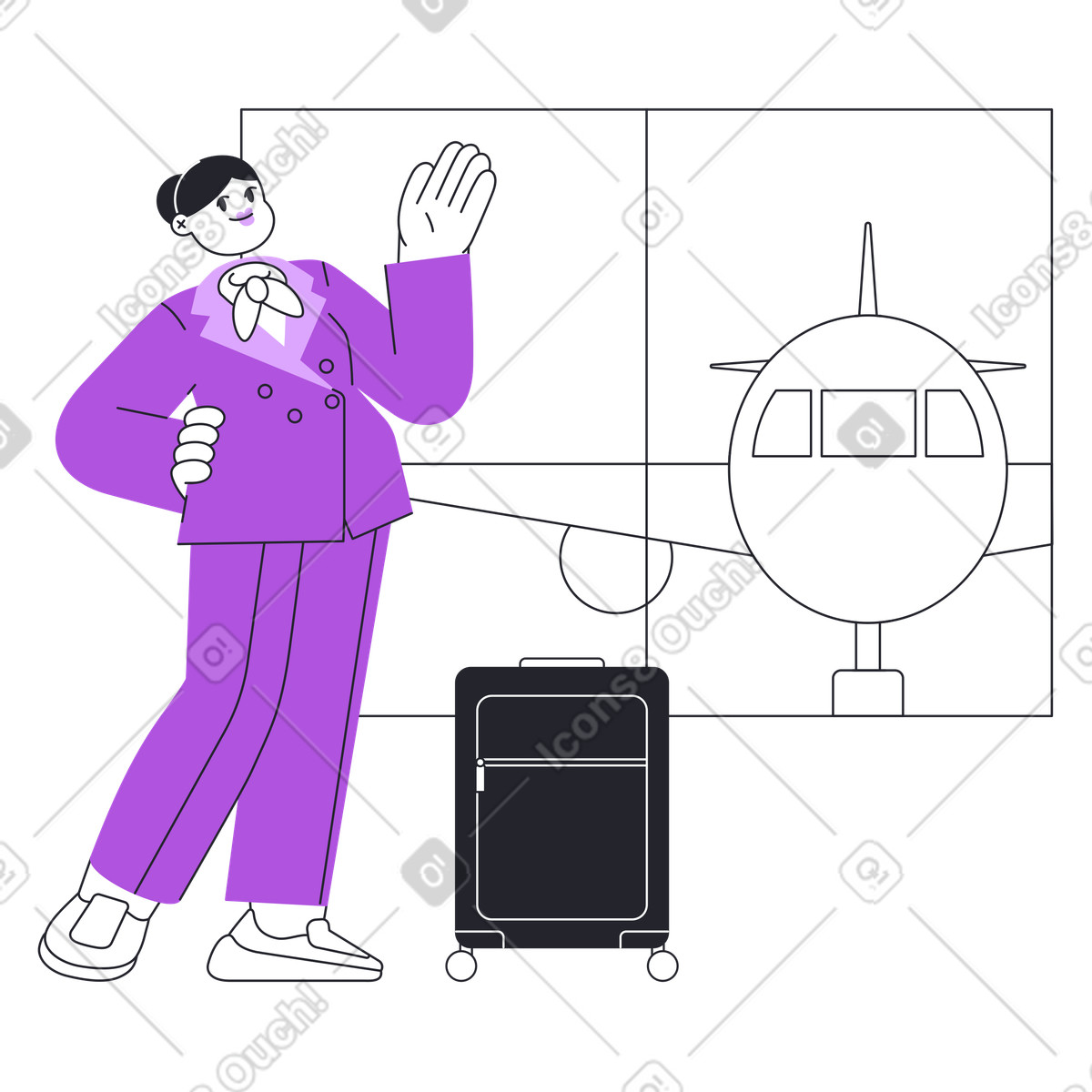 Assistente di volo con bagaglio in aeroporto illustrazione stile Grapy scarica PNG, SVG