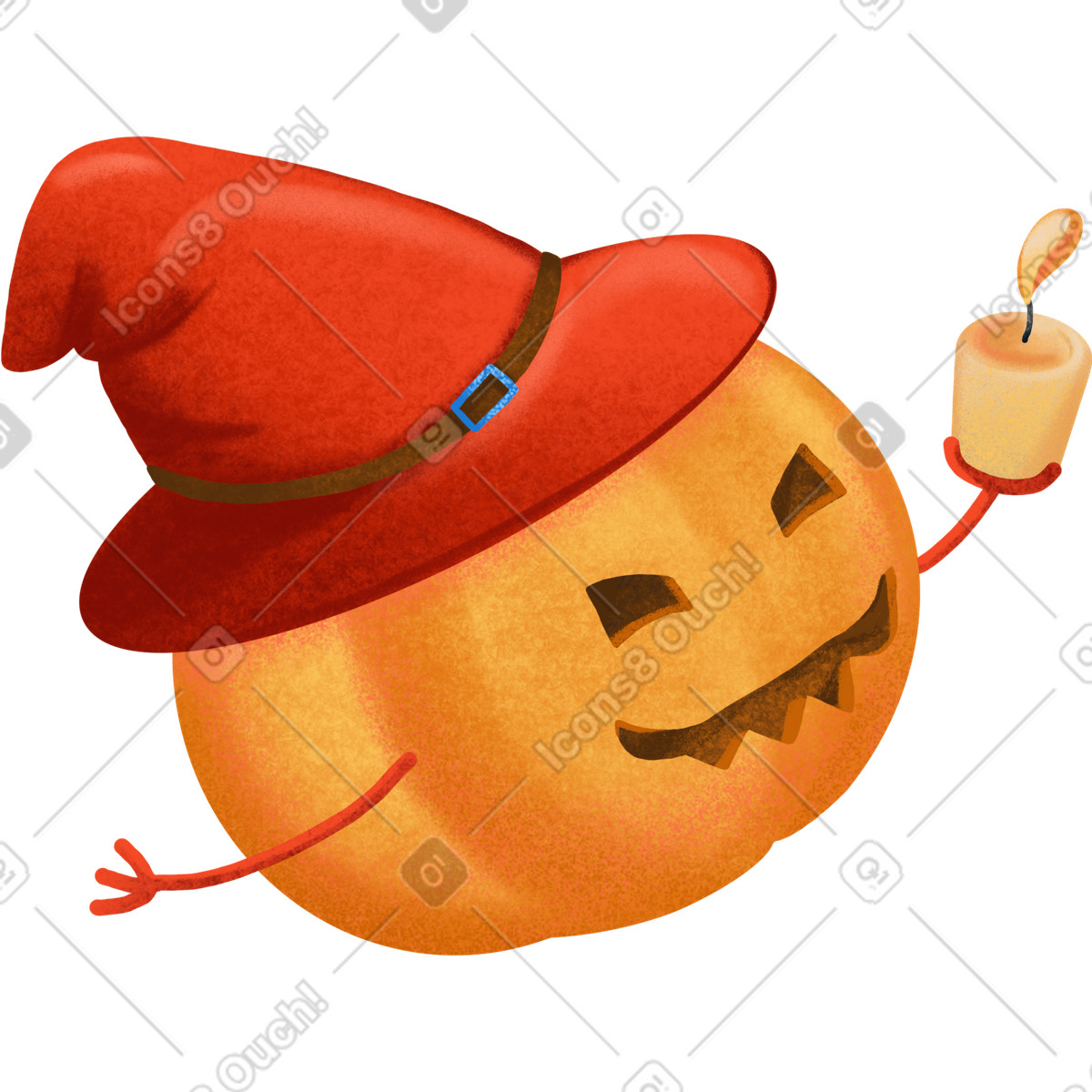 Ilustración Calabaza naranja con un sombrero rojo y una vela en la mano estilo Gleam a descargar PNG SVG