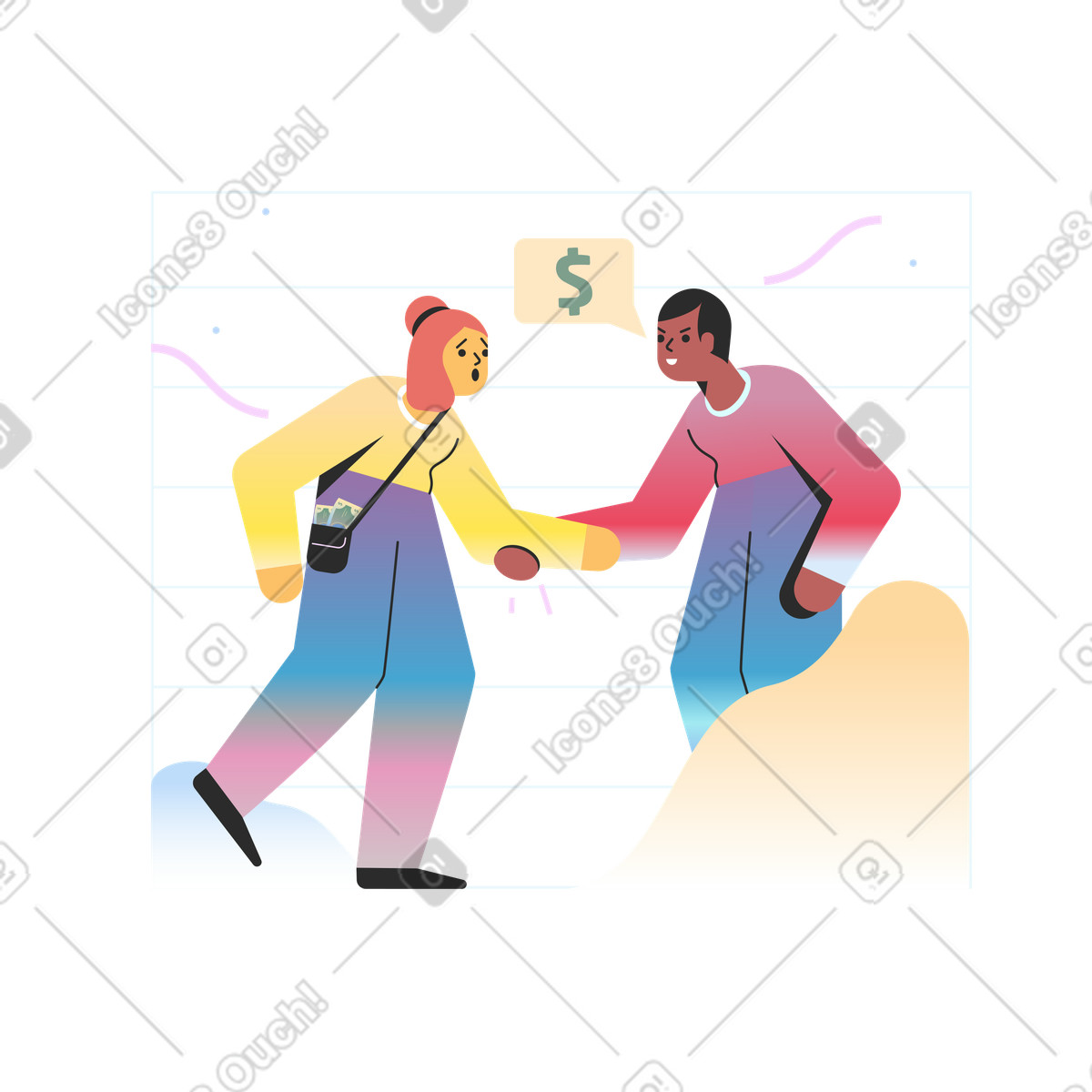 Ilustração de Mulher sendo assaltada por criminoso em no estilo Marginalia para baixar em PNG, SVG