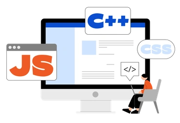 A person coding on a computer with programming languages - Tiny style illustration