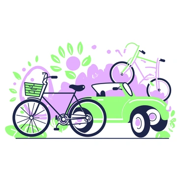 A collection of vintage bicycles and cars is arranged in a charming display. In the foreground, there is a bicycle with a large front wheel and an ornate frame, positioned next to a classic car with smooth curves and a shiny grille. Behind them, another bicycle features a wicker basket attached to the handlebars, while a separate car, with a convertible roof, showcases its elegant lines. Surrounding these vehicles, there are leaf patterns and abstract shapes that complement the vintage aesthetic. Each element is detailed and distinct, creating a harmonious composition.
