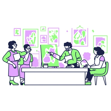 A panel of judges in a gallery examining art pieces for an illustration competition