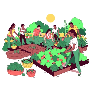 A vibrant communal garden filled with a diverse group of people actively harvesting an abundance of vegetables. There are individuals of various ages and backgrounds, all working together among rows of green plants. Some are picking ripe tomatoes, while others are gathering carrots and leafy greens. Baskets overflowing with fresh vegetables are scattered throughout the garden. The sun casts a warm glow over the scene, highlighting the colorful produce and the determination on the faces of the harvesters. Lush greenery surrounds them, creating a lively atmosphere.