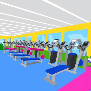A spacious gym filled with bright overhead lights illuminating the workout area. Multiple lat pulldown machines are lined up in neat rows, each with colorful padded seats and sturdy pulleys. The machines have chrome accents that reflect the light, and the weights are clearly visible on each machine. In the background, there are mirrors reflecting the gym's layout and a set of dumbbells arranged on a rack. A few exercise mats are placed on the floor near the machines, and a water cooler is situated in one corner.