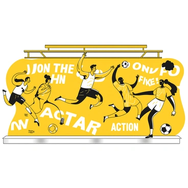 A dynamic subway advertisement featuring a vibrant display for an upcoming sports event. The ad showcases several athletes in motion, each striking an intense pose that captures the action of their respective sports. One athlete is sprinting, wearing a yellow tank top and black shorts. Another is mid-air, executing a powerful jump shot while wearing a yellow jersey. A third athlete is seen in a dynamic pose, preparing to kick a soccer ball, dressed in a yellow uniform. The background of the ad highlights the excitement of the event with bold text saying "Join the Action!" in large letters wrapped around the athletes. The overall composition is energetic and eye-catching, designed to engage passersby in the subway.