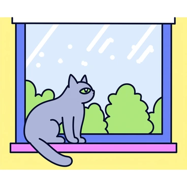 A gray tabby cat with green eyes is sitting comfortably on a wooden windowsill. The cat is focused on the scene outside, where numerous raindrops are falling from a cloudy sky. The windowpane has a few streaks of rainwater sliding down, creating a blurred view of the outside. The background shows hints of lush greenery from the garden. The interior of the room is softly illuminated by warm light.