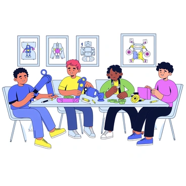 A group of four teens is sitting around a large table covered with various colorful robot parts. Each teen is focused on assembling different components. One teen has a blue plastic robot arm, while another is holding a bright red chassis. A third teen is connecting small green gears, and the fourth is placing yellow sensors on the table. The background features a wall adorned with posters of famous robots and technology. Tools like screwdrivers and pliers are scattered across the table.