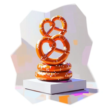 An intricate sculpture composed entirely of stacked and twisted pretzels, showcasing a variety of shapes and textures. The pretzels are arranged in a dynamic formation, with some twisted into loops and others stacked vertically to create height. The surface of the pretzels is golden brown, with a glossy finish that highlights their salty, baked appearance. The sculpture casts interesting shadows on the base it stands upon, adding depth to the piece.