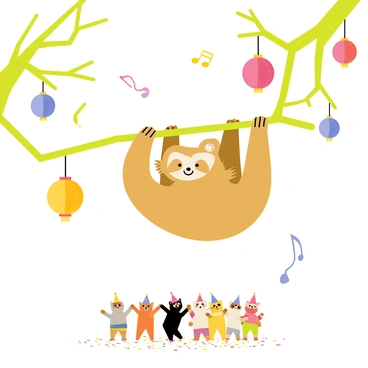 A sloth hanging from a green branch, with its eyes half-closed, is surrounded by a lively festival scene. The background features vibrant lanterns in various shapes and colors, hanging from nearby trees. In the air, colorful musical notes swirl around, suggesting cheerful music playing. Below, a crowd of small cartoon animals dances joyfully, each wearing festive hats. The ground is covered in colorful confetti, adding to the festive atmosphere.