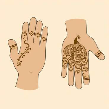A pair of animated hands with light brown skin is positioned in the center of the image, showcasing a variety of intricate mehendi designs. One hand is extended with fingers slightly spread apart, displaying detailed patterns of swirling vines and floral motifs reaching up to the wrist. The other hand is turned palm up, revealing a large peacock design adorned with paisley shapes and dot work filling the negative space. Both hands are set against a soft, light background that highlights the rich brown color of the mehendi on the skin. The designs are vibrant and clearly defined, enhancing the playful nature of the illustration.