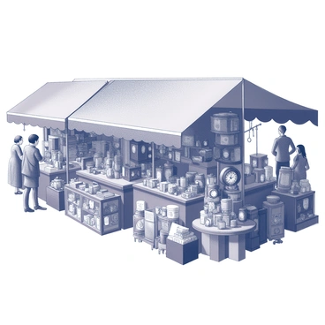 A bustling vintage market filled with stalls selling antiques and oddities