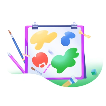 An illustration board covered with vibrant colors, including splashes of yellow, blue, red, and green paint. The paint is arranged in various sizes and shapes, creating a dynamic and lively effect. Brushes and paint tubes are scattered around the edges of the board, suggesting recent creative activity. The background is a soft white, allowing the colors to stand out prominently.