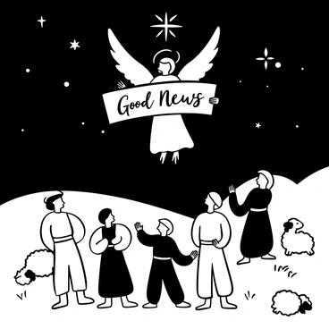 A group of shepherds dressed in loose, flowing robes stands in a grassy field at night. They are looking upward with expressions of awe and wonder. Above them, a radiant angel with large wings is illuminated, casting a bright light that contrasts sharply with the dark night sky. The angel holds a glowing scroll that reads "Good News" in elegant lettering. In the foreground, sheep rest peacefully on the ground, while distant hills fade into the night. Stars twinkle in the sky, adding a sense of depth to the scene.