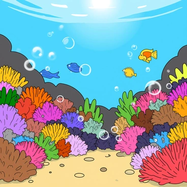A vibrant underwater scene featuring a diverse coral reef filled with various colors and shapes of corals. The reef is home to a multitude of fish, including small, bright orange clownfish, sleek blue tangs, and yellow butterflyfish swimming gracefully among the corals. Bubbles rise through the water, adding a lively dynamic to the scene. Sunlight filters down from above, illuminating the coral and casting playful shadows on the sandy ocean floor, which is dotted with small pebbles and shells.
